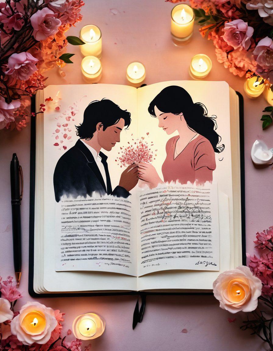 A beautifully arranged scene featuring an open notebook with handwritten love stories and flowing ink, surrounded by delicate flower petals and soft candlelight. In the background, silhouettes of couples sharing affectionate gestures, such as holding hands or exchanging gifts, create a warm and inviting atmosphere. The color palette should include soft pastels and warm tones to evoke a sense of romance and passion. artistic illustration. warm colors. intimate ambiance.