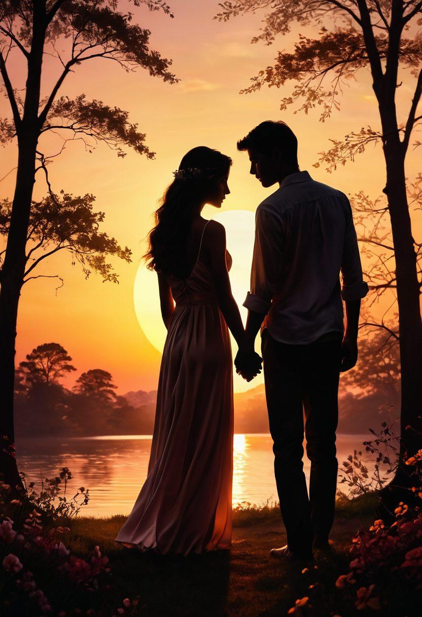 A serene, romantic scene showcasing a couple holding hands under a sunset, surrounded by blooming flowers symbolizing love. Soft, warm colors illuminate their faces, reflecting adoration and intimacy. The backdrop features silhouettes of trees and a light breeze creating gentle movement in the scene. This imagery illustrates the deeper connections in relationships. ultra-realistic. vibrant sunset hues. soft focus.